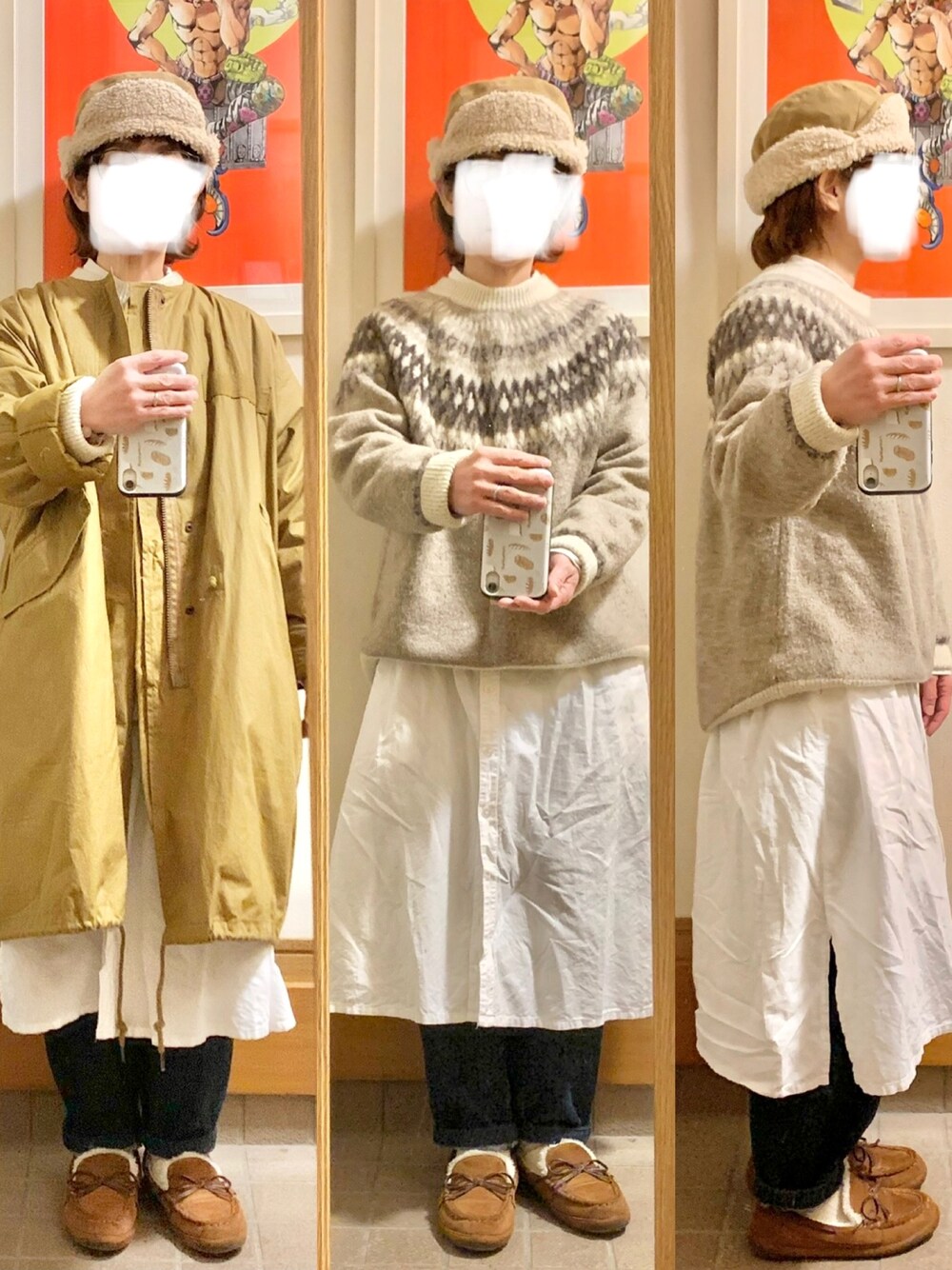 「昨日のコーデ、冬コーデ、ニット、シャツワンピ、モッズコート、モカシン、古着」｜「シーズンリーズンのアイテム（ニット/セーター、ベージュ系）」を使った、まっきさん（レディース・149cm）の冬コーディネートの1枚目の写真