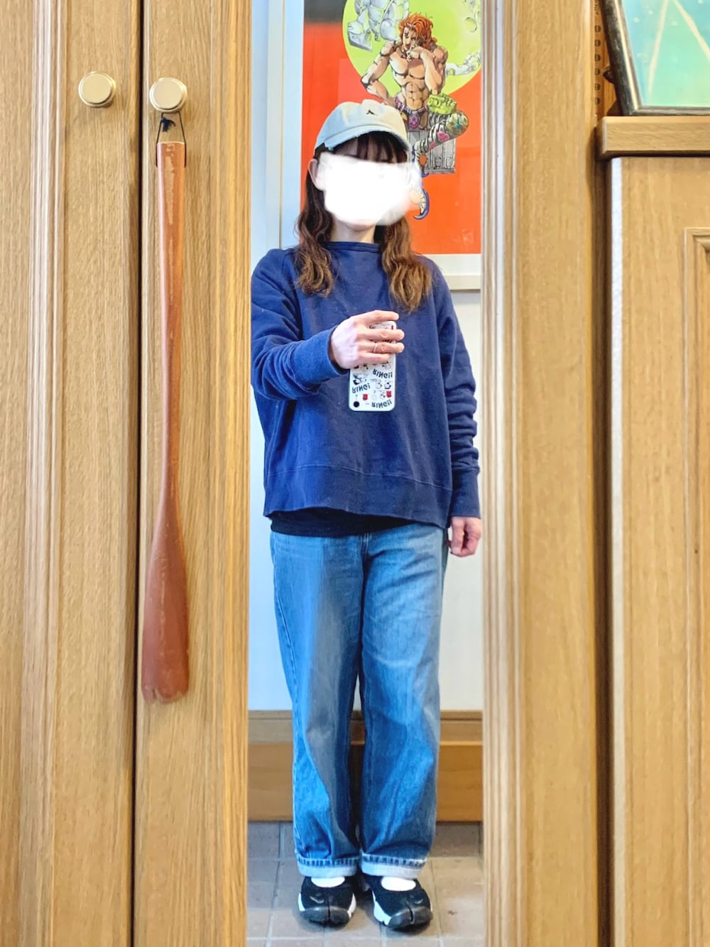 「昨日のコーデ、昨日の服、キャップ、古着コーデ、シンプルコーデ、スウェット、デニム、エアリフト」｜「マルシェ購入品のアイテム（キャップ、グレー系）」を使った、まっきさん（レディース・150cm）の春コーディネートの1枚目の写真