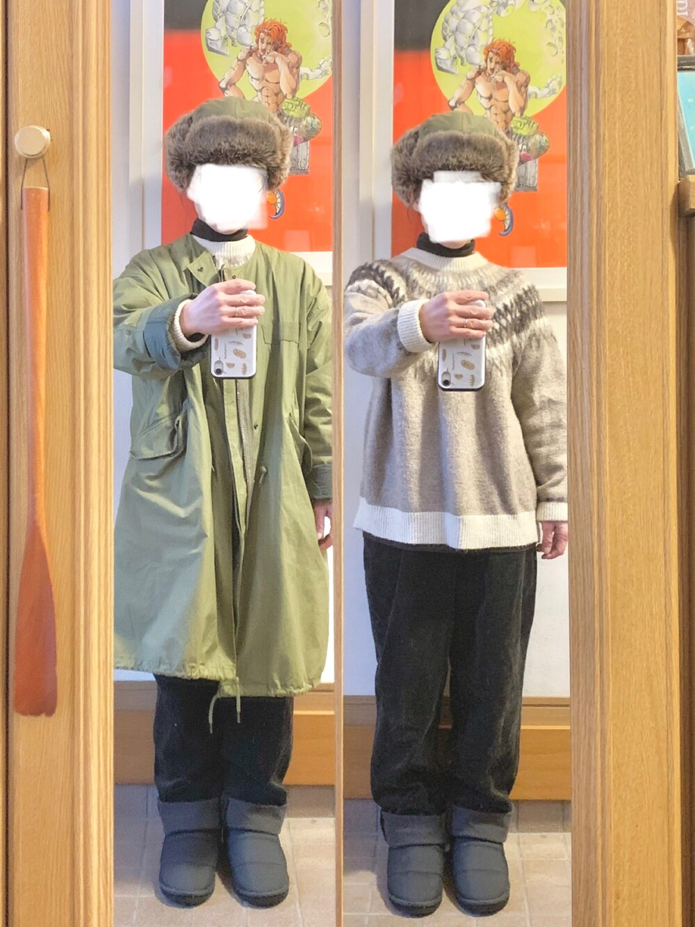 「今日のコーデ、今日の服、フライトキャップ、タートルネック、ニット、コーデュロイパンツ、モッズコート、雪の日」｜「UNIQLOのアイテム（ニット/セーター、ブラウン系）」を使った、まっきさん（レディース・149cm）の冬コーディネートの1枚目の写真