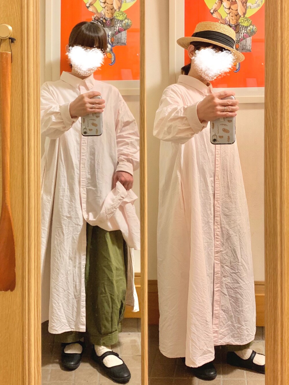 「今日のコーデ、今日の服、麦わら帽子、ピンク、カーキ、シャンブル」｜「14+のアイテム（ハット、ブラック系）」を使った、まっきさん（レディース・149cm）の春コーディネートの1枚目の写真