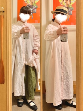 「麦わら帽子」｜「アイテム（シャツワンピース）」を使った、まっきさん（レディース・149cm）の春コーディネート