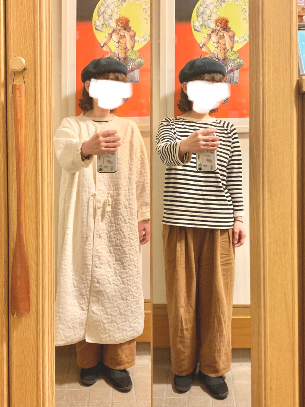 「昨日のコーデ、昨日の服、シンプルコーデ、ボーダー」｜「Blissbunchのアイテム（Tシャツ/カットソー、ベージュ系）」を使った、まっきさん（レディース・149cm）の春コーディネートの1枚目の写真