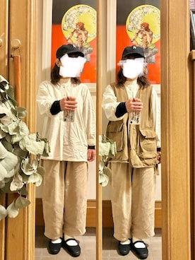 「マルシェ購入品のアイテム（キャップ、ブラック系）」を使った、まっきさん（レディース・150cm）の春コーディネート