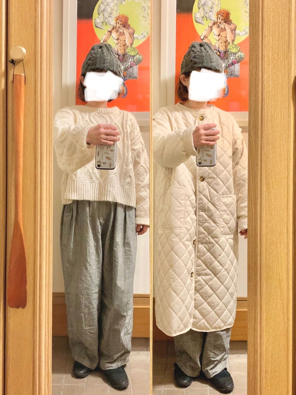 「今日のコーデ、今日の服、ニット帽、ニット、プチプラ、グレンチェック、キルティングコート、シンプルコーデ」｜「しまむらのアイテム（ニット/セーター、ホワイト系）」を使った、まっきさん（レディース・149cm）の冬コーディネートの1枚目の写真