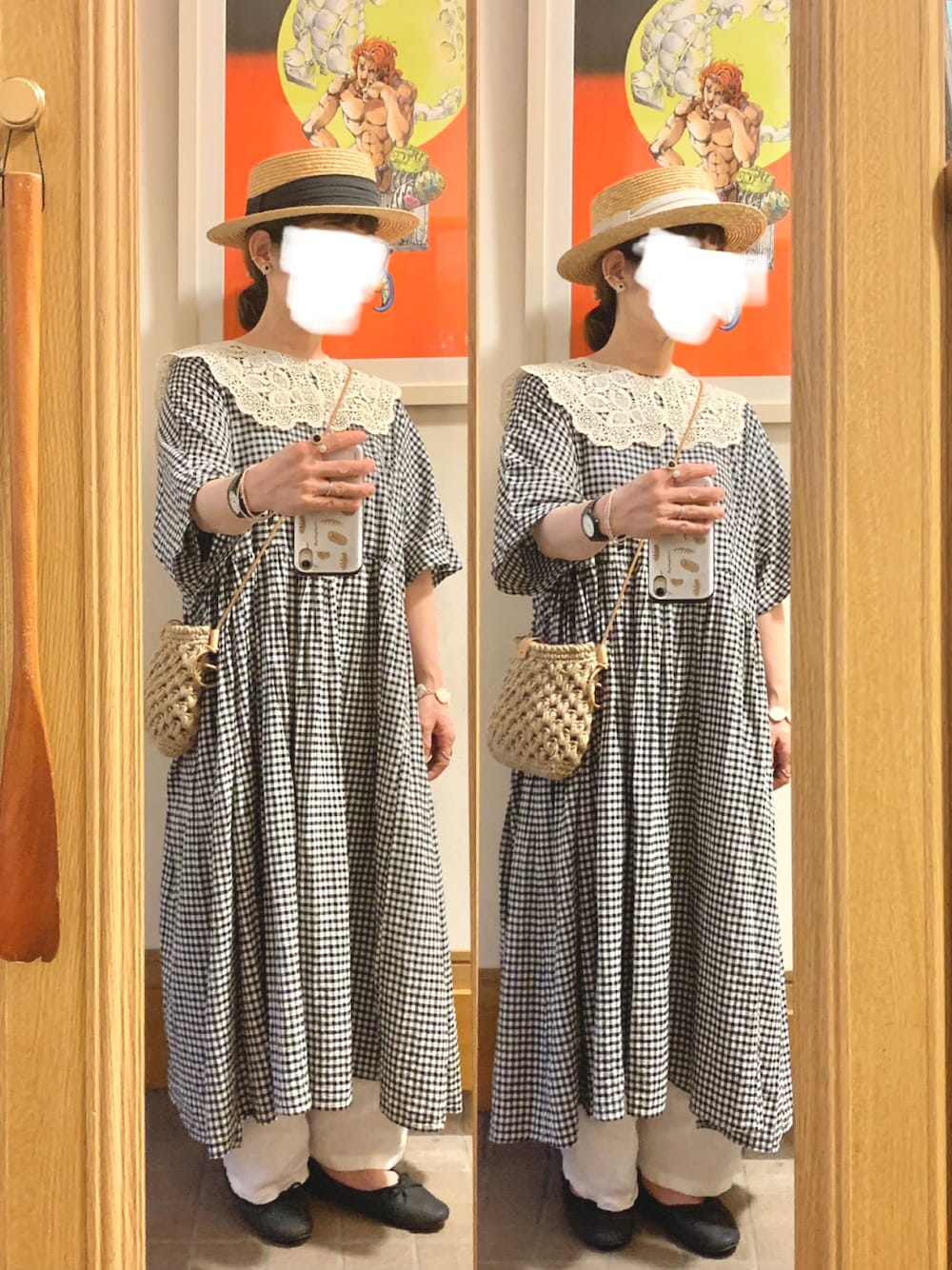 「昨日のコーデ、昨日の服、つけ襟、麦わら帽子、ギンガムチェック、リネンパンツ、バレエシューズ」｜「14+のアイテム（ハット、ブラック系）」を使った、まっきさん（レディース・150cm）の夏コーディネートの1枚目の写真