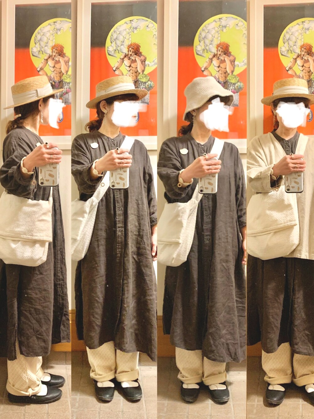 「昨日のコーデ、昨日の服、麦わら帽子、古着」｜「14+の麦ブレードカンカン帽（ハット、ホワイト系）」を使った、まっきさん（レディース・149cm）の春コーディネートの1枚目の写真