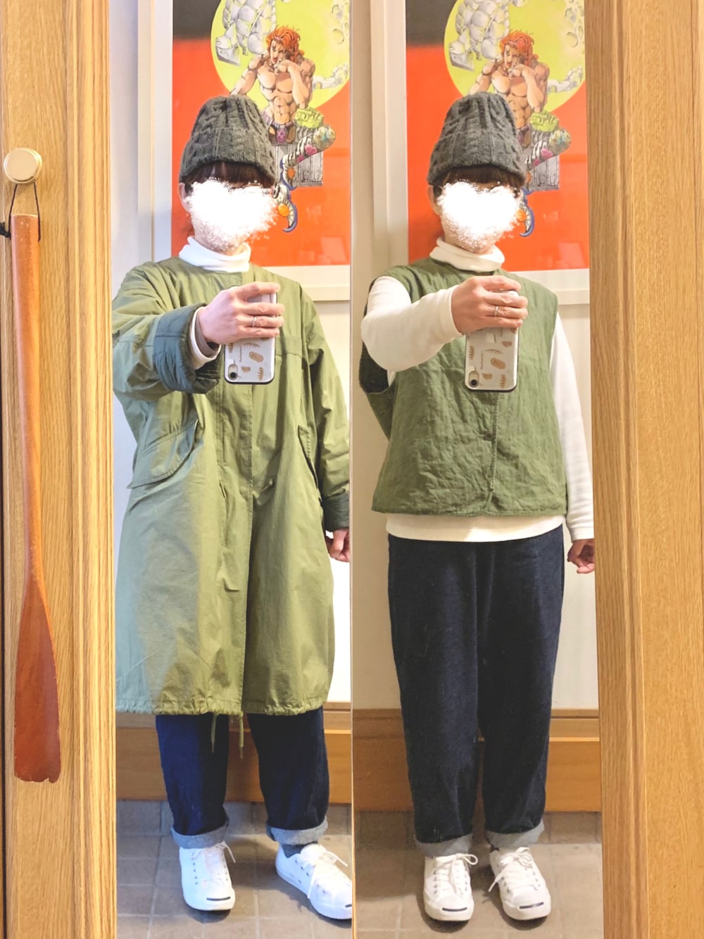 「今日のコーデ、今日の服、ヒートテックフリースタートルネックＴシャツ、古着、デニムバルーンアンクルパンツ、ジャックパーセル、モッズコート」｜「GUのアイテム（デニムパンツ、ブルー系）」を使った、まっきさん（レディース・149cm）の冬コーディネートの1枚目の写真