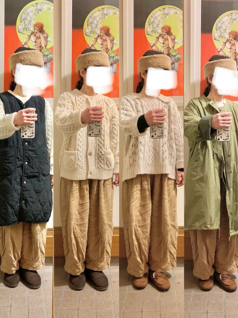 「昨日のコーデ、昨日の服、ニット、古着、モッズコート、モカシン、ニットカーディガン」｜「＋bormeのアイテム（ジャケット/アウター、ブラック系）」を使った、まっきさん（レディース・150cm）の冬コーディネートの1枚目の写真