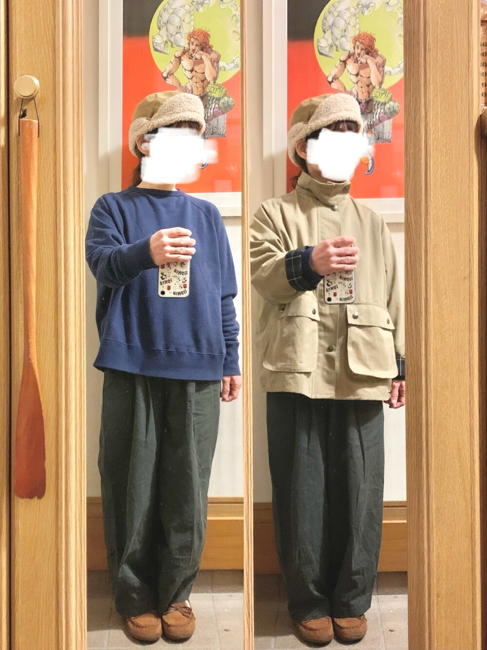 「昨日のコーデ、昨日の服、シンプルコーデ、メンズライク、スウェット、ハンティングジャケット、フライトキャップ、モカシン、古着」｜「BEAMSのアイテム（スウェット、ブルー系）」を使った、まっきさん（レディース・150cm）の冬コーディネートの1枚目の写真