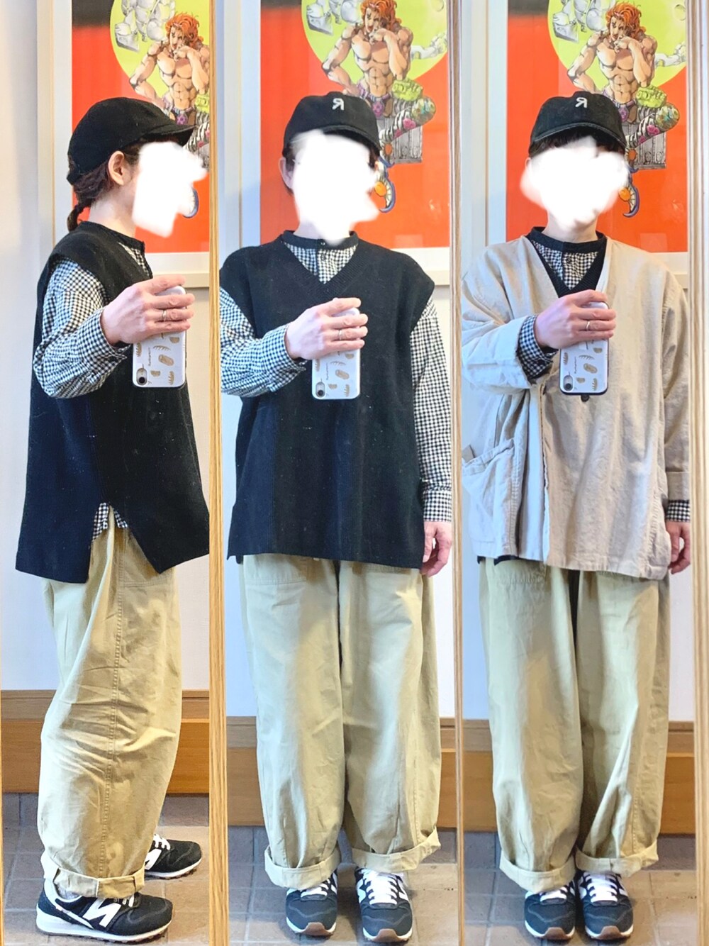 「昨日のコーデ、キャップ、ギンガムチェック、ベスト、春アウター、古着」｜「無印良品のアイテム（ベスト、ブラック系）」を使った、まっきさん（レディース・149cm）の春コーディネートの1枚目の写真