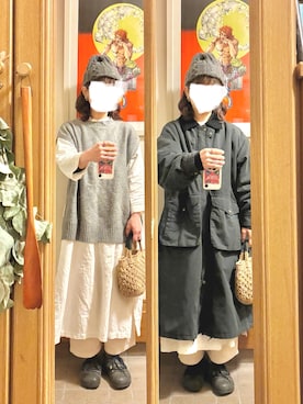 「アイテム（かごバッグ）」を使った、まっきさん（レディース・150cm）の冬コーディネート