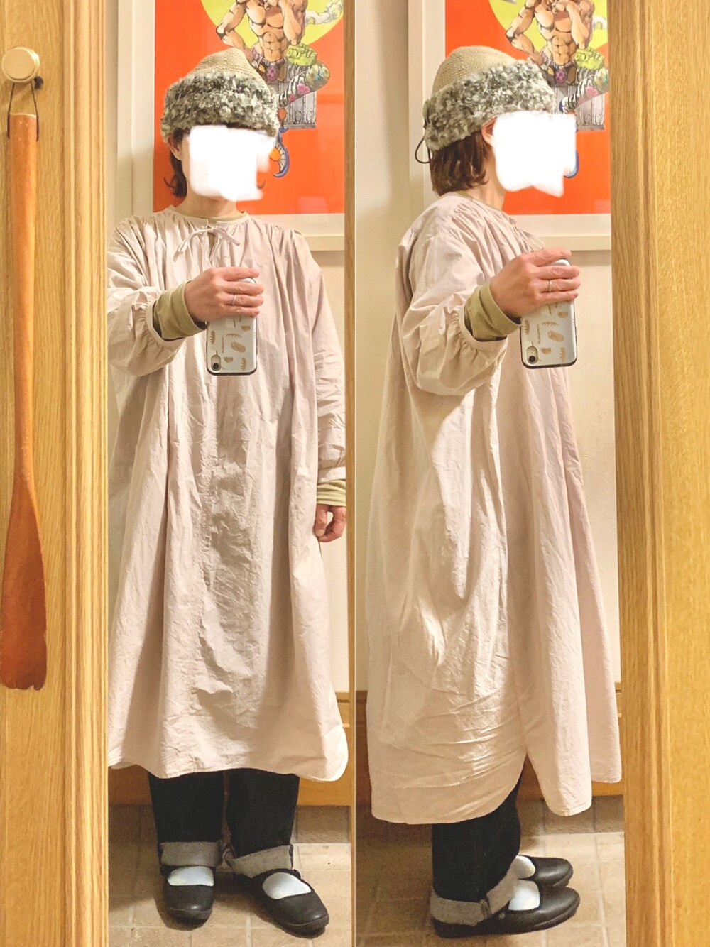 「昨日のコーデ、作家メイド、くすみピンク、ワンピース、デニム」｜「マルシェ購入品のアイテム（ワンピース、ピンク系）」を使った、まっきさん（レディース・149cm）の秋コーディネートの1枚目の写真
