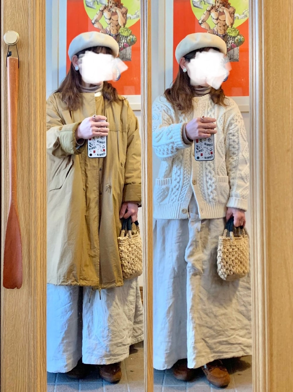 「昨日のコーデ、昨日の服、ナチュラルコーデ、古着、ベレー帽、モッズコート」｜「Right-onのアイテム（カーディガン/ボレロ、ホワイト系）」を使った、まっきさん（レディース・150cm）の冬コーディネートの1枚目の写真