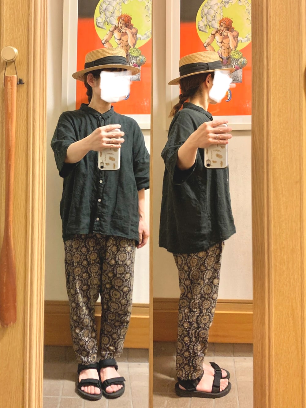 「昨日のコーデ、昨日の服、リネンシャツ、柄パンツ、インド綿、スポサン」｜「作家メイドのアイテム（パンツ、その他）」を使った、まっきさん（レディース・150cm）の夏コーディネートの1枚目の写真