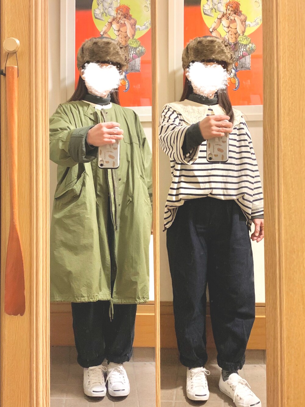 「今日の服、今日のコーデ、フライトキャップ、ボーダー、ヒートテックフリースタートルネックＴシャツ、バルーンパンツ、モッズコート、ジャックパーセル、つけ襟」｜「Samansa Mos2のボーダーバスクシャツ（Tシャツ/カットソー、ホワイト系）」を使った、まっきさん（レディース・149cm）の冬コーディネートの1枚目の写真