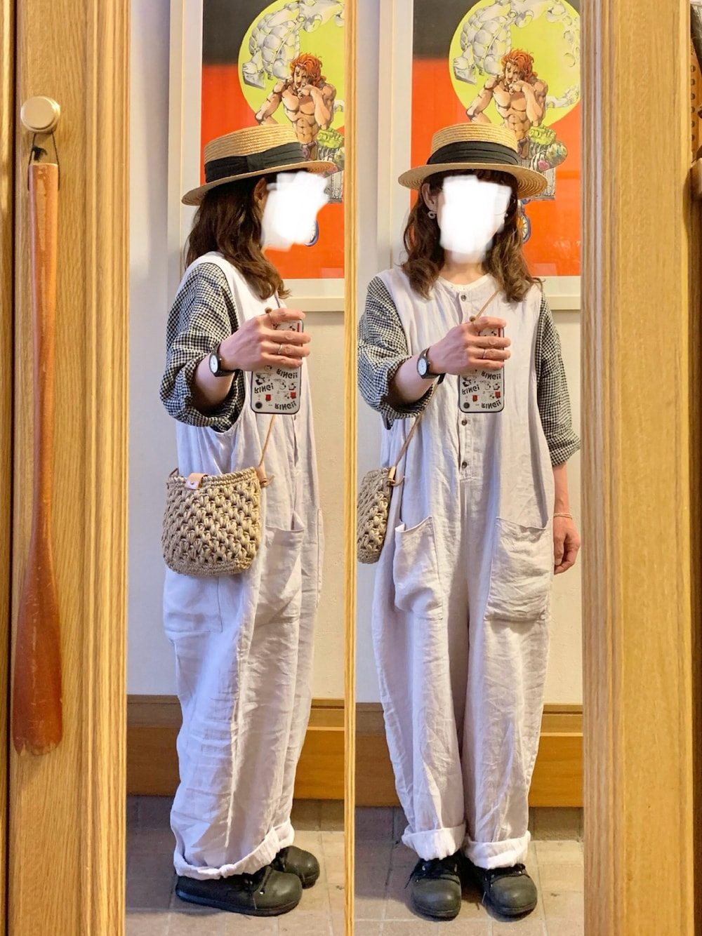 「昨日のコーデ、昨日の服、麦わら帽子、リネン、古着、モンタナ」｜「作家メイドのアイテム（ショルダーバッグ、ベージュ系）」を使った、まっきさん（レディース・150cm）の春コーディネートの1枚目の写真