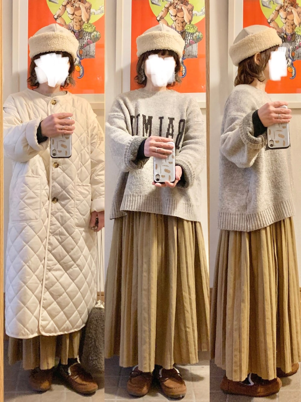 「今日のコーデ、今日の服、ニット、プリーツスカート、モカシン」｜「作家メイドのアイテム（帽子、ベージュ系）」を使った、まっきさん（レディース・149cm）の冬コーディネートの1枚目の写真