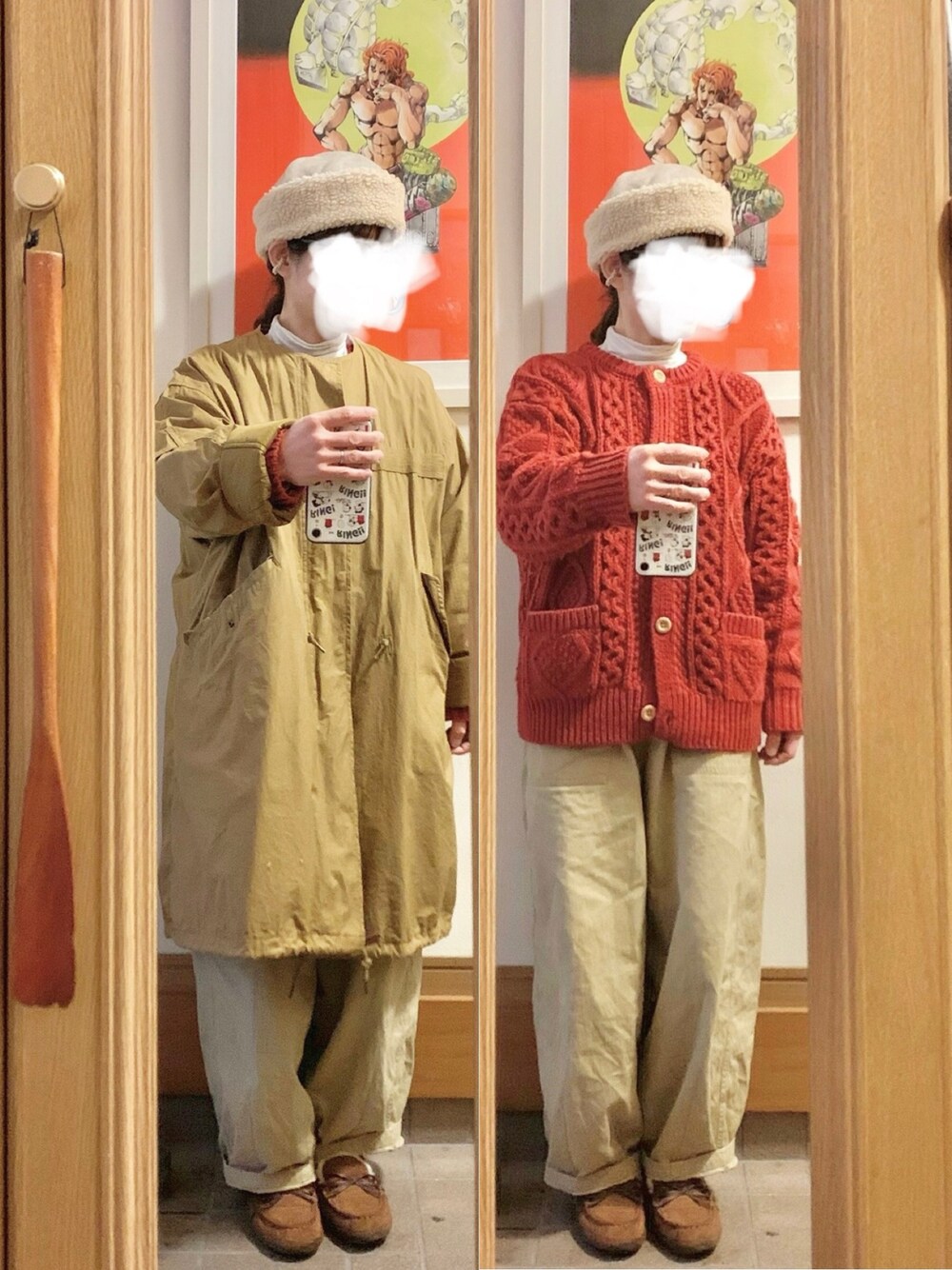 「昨日のコーデ、昨日の服、モッズコート、ニットカーディガン、極暖ヒートテックカシミヤブレンドハイネックT、古着、モカシン」｜「作家メイドのアイテム（帽子、ベージュ系）」を使った、まっきさん（レディース・150cm）の冬コーディネートの1枚目の写真