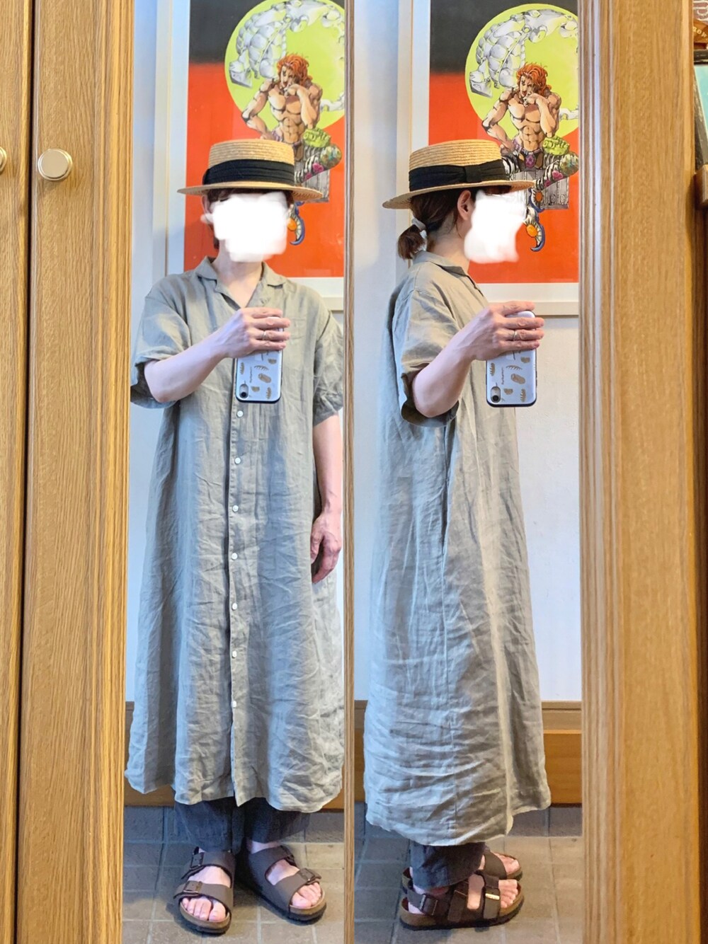 「昨日のコーデ、昨日の服、麦わら帽子、開襟シャツワンピース、ワントーンコーデ、茶色」｜「無印良品のアイテム（シャツワンピース、ベージュ系）」を使った、まっきさん（レディース・149cm）の秋コーディネートの1枚目の写真