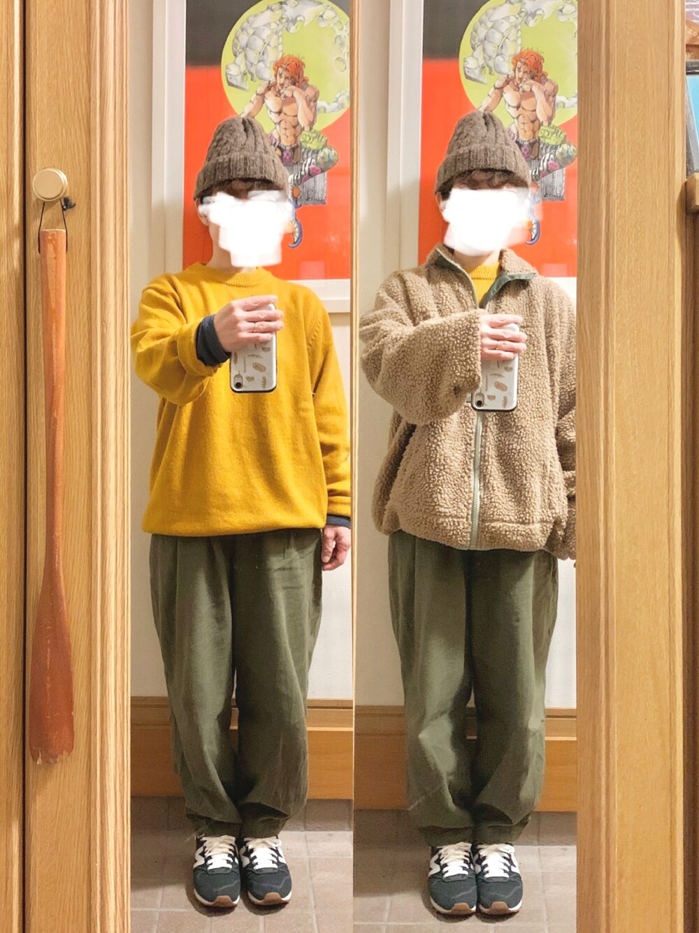 「昨日のコーデ、昨日の服、ニット帽、黄色とカーキ、プチプラ、シンプルコーデ、ニット、メンズ」｜「古着のアイテム（ジャケット/アウター、ブラウン系）」を使った、まっきさん（レディース・149cm）の冬コーディネートの1枚目の写真