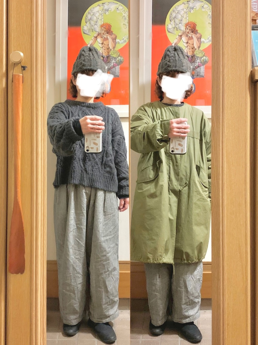 「昨日のコーデ、昨日の服、ニット帽、ニツト、グレンチェック、モッズコート」｜「Samansa Mos2のアイテム（帽子、グレー系）」を使った、まっきさん（レディース・149cm）の冬コーディネートの1枚目の写真