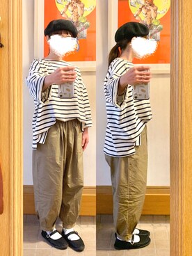 「バスクシャツ」｜「アイテム（ハンチング/ベレー帽）」を使った、まっきさん（レディース・149cm）の秋コーディネート