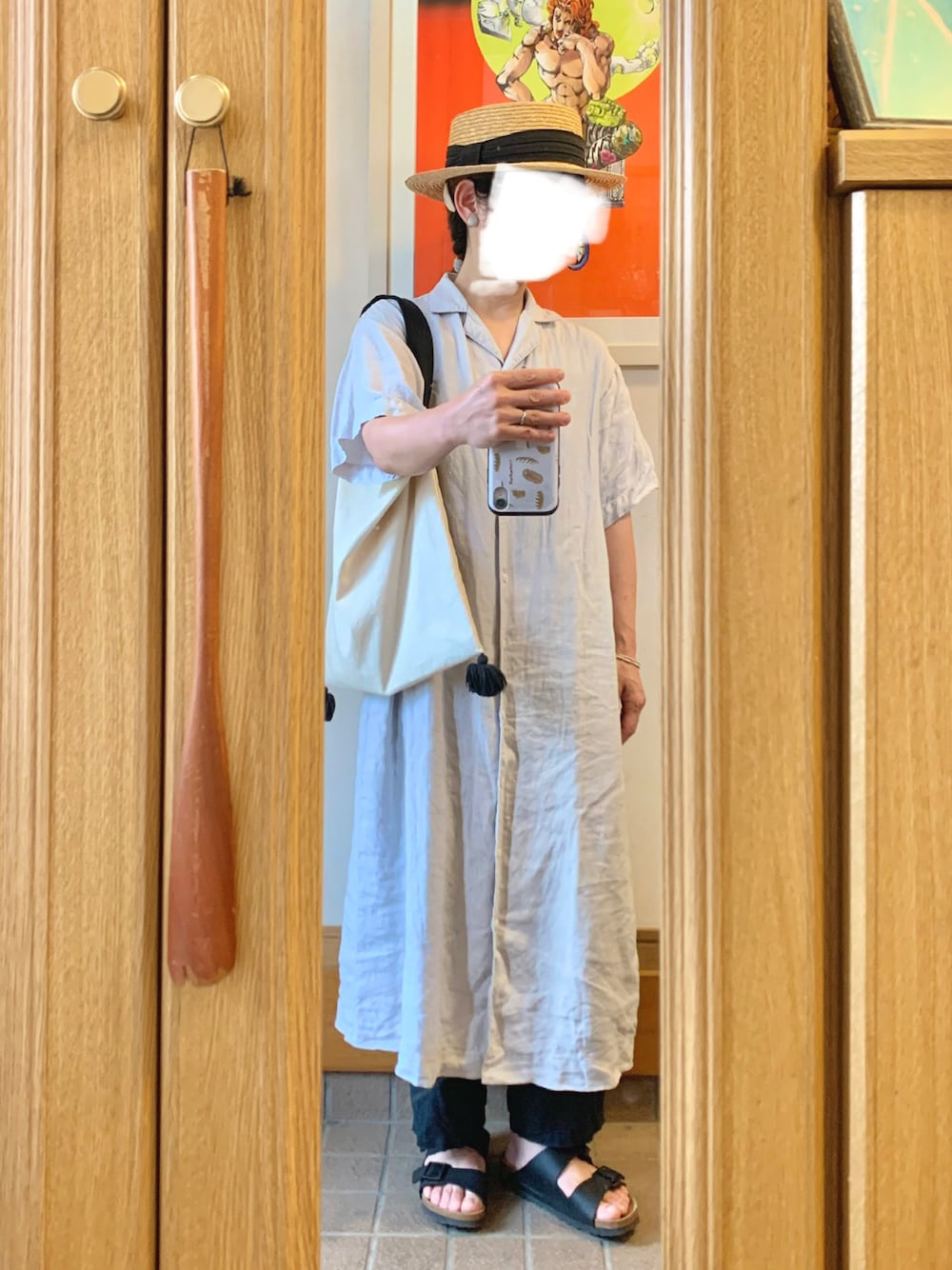 「今日のコーデ、今日の服、シャツワンピ、開襟シャツワンピース、リネン、アリゾナ、シンプルコーデ」｜「無印良品のアイテム（シャツワンピース、グレー系）」を使った、まっきさん（レディース・150cm）の夏コーディネートの1枚目の写真