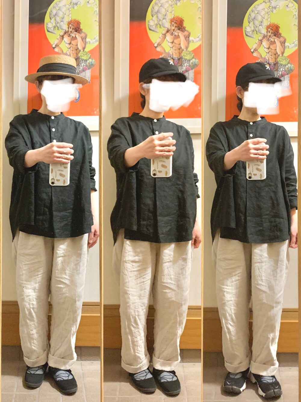 「今日のコーデ、今日の服、キャップ、麦わら帽子、リネンシャツ、リネンパンツ、エアリフト、ストラップシューズ、古着」｜「作家メイドのアイテム（シャツ/ブラウス、ブラック系）」を使った、まっきさん（レディース・149cm）の春コーディネートの1枚目の写真