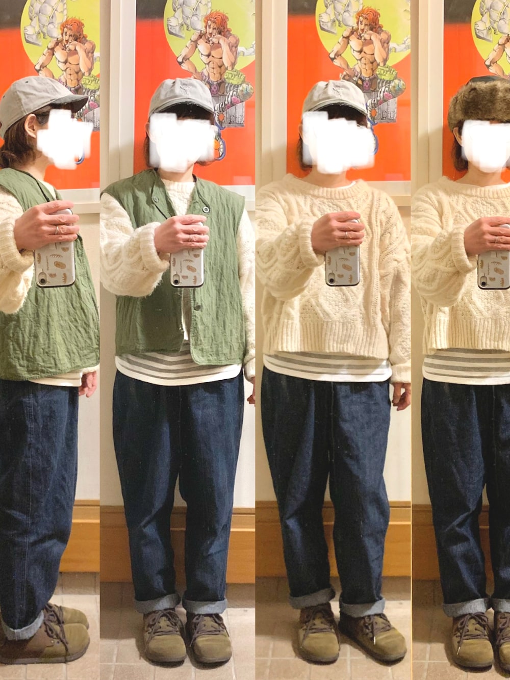 「昨日のコーデ、キャップ、ニット、古着、ベスト、デニム、モンタナ、カーキ、ボーダー」｜「古着のアイテム（ベスト、グリーン系）」を使った、まっきさん（レディース・149cm）の秋コーディネートの1枚目の写真