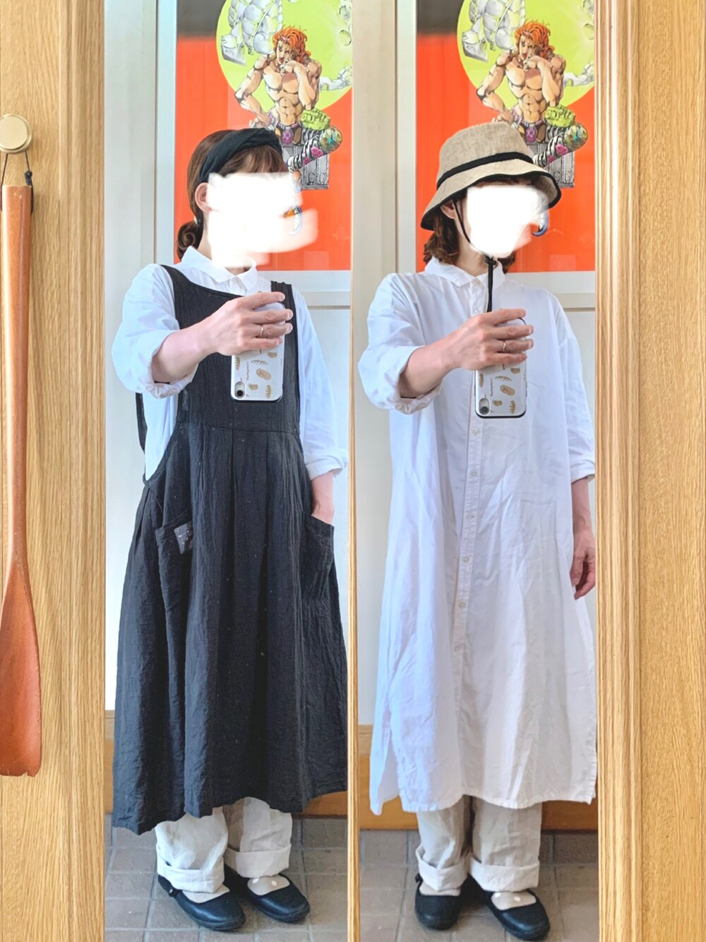 「昨日のコーデ、昨日の服、シャツワンピ、淡色コーデ、ホワイトコーデ、シンプルコーデ、エプロン、古着、作家メイド、ノベルティ」｜「Samansa Mos2のアイテム（ハット、ブラック系）」を使った、まっきさん（レディース・149cm）の春コーディネートの1枚目の写真