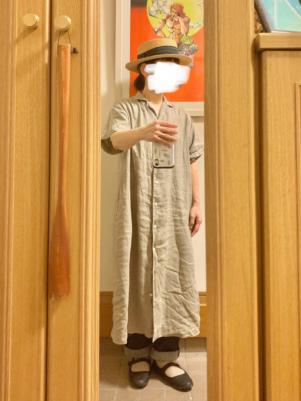 「昨日のコーデ、昨日の服、シンプルコーデ、開襟シャツワンピース、リネン、デニム」｜「14+のアイテム（ハット、ブラック系）」を使った、まっきさん（レディース・150cm）の秋コーディネートの1枚目の写真
