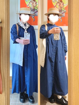 「麦わら帽子」｜「アイテム（シャツワンピース）」を使った、まっきさん（レディース・149cm）の春コーディネート