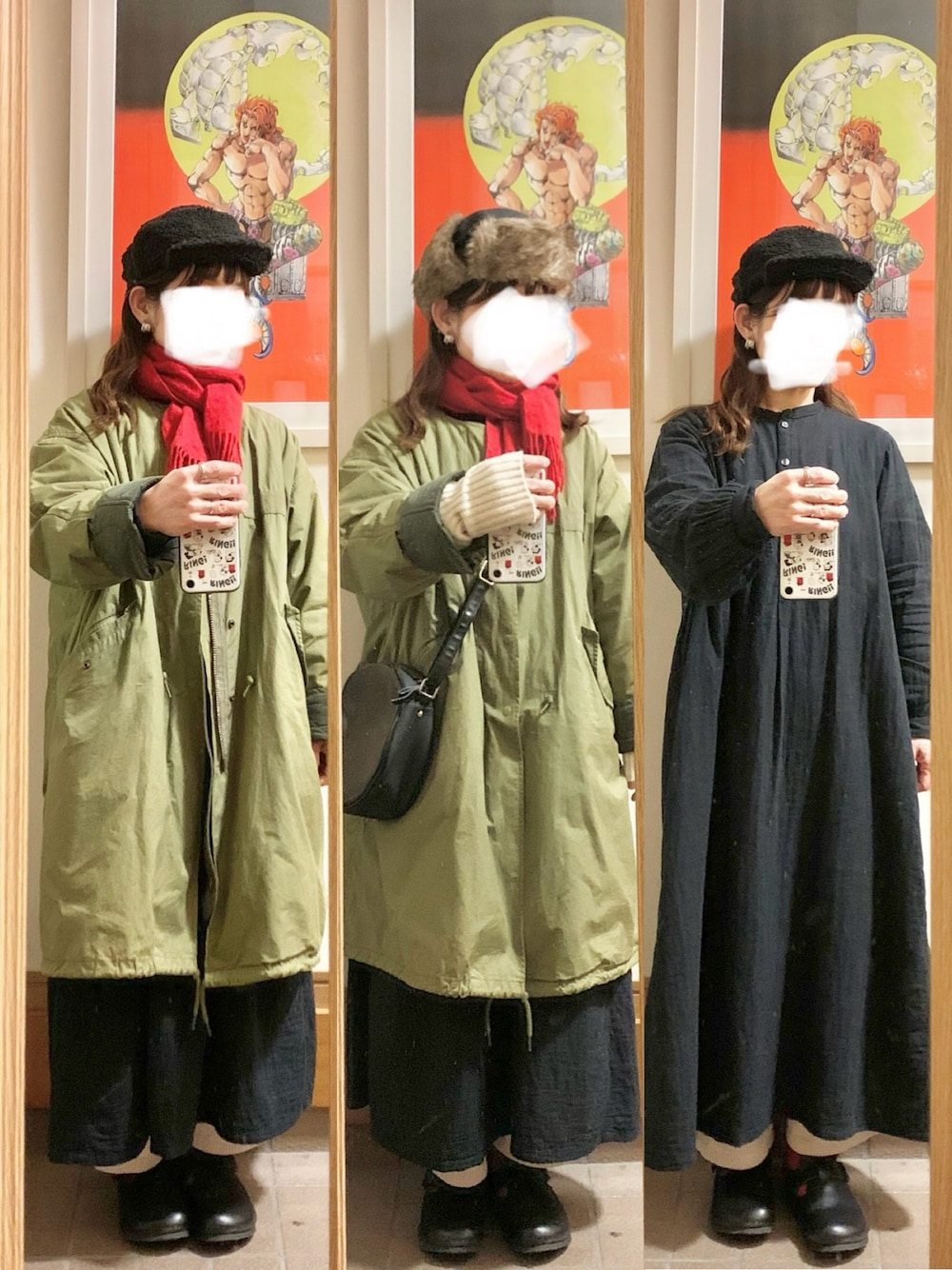 「昨日のコーデ、昨日の服、帽子、モッズコート、シャツワンピ」｜「無印良品のアイテム（ワンピース、ブラック系）」を使った、まっきさん（レディース・150cm）の冬コーディネートの1枚目の写真