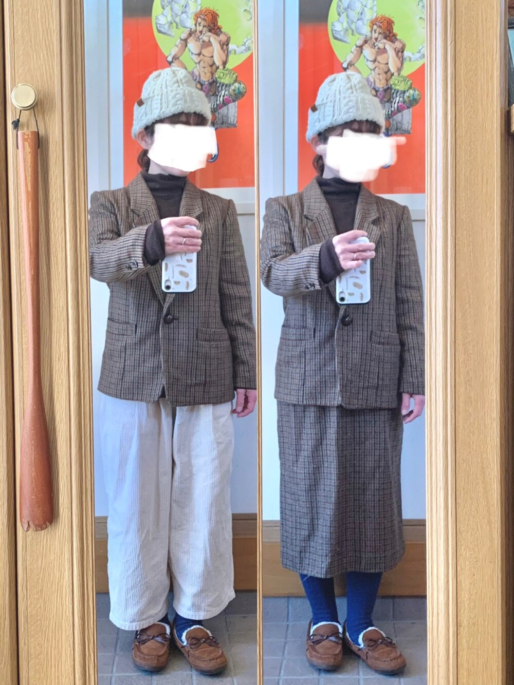 「今日のコーデ、今日の服、古着、お古、スーツ、タートルネック、コーデュロイパンツ」｜「古着のアイテム（ジャケット/アウター、ブラウン系）」を使った、まっきさん（レディース・149cm）の春コーディネートの1枚目の写真