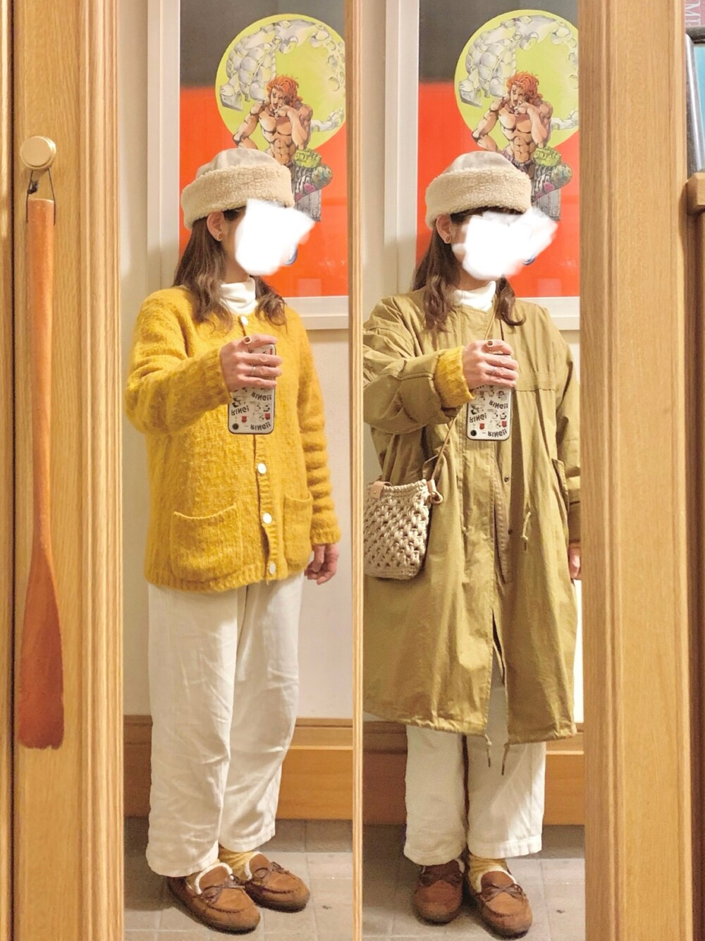 「昨日のコーデ、昨日の服、古着、ニットカーディガン、ヒートテックフリースタートルネックＴシャツ、モッズコート、モカシン」｜「Samansa Mos2のアイテム（モッズコート、ベージュ系）」を使った、まっきさん（レディース・150cm）の冬コーディネートの1枚目の写真