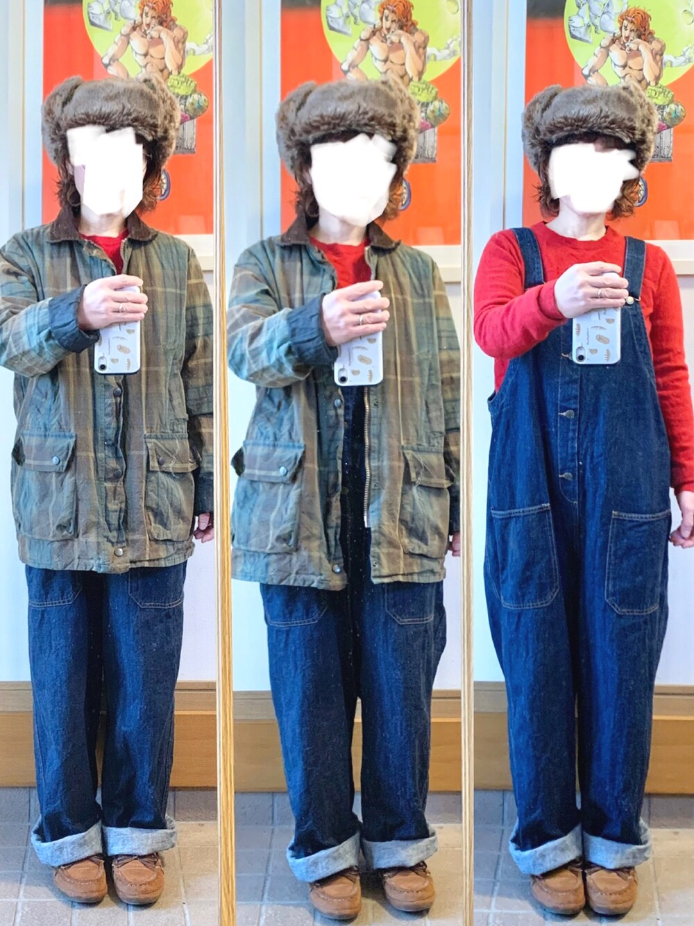 「今日のコーデ、今日の服、赤、オーバーオール、古着、オイルドジャケット、モカシン、フライトキャップ」｜「royal paddockのアイテム（ジャケット/アウター、グリーン系）」を使った、まっきさん（レディース・149cm）の冬コーディネートの1枚目の写真
