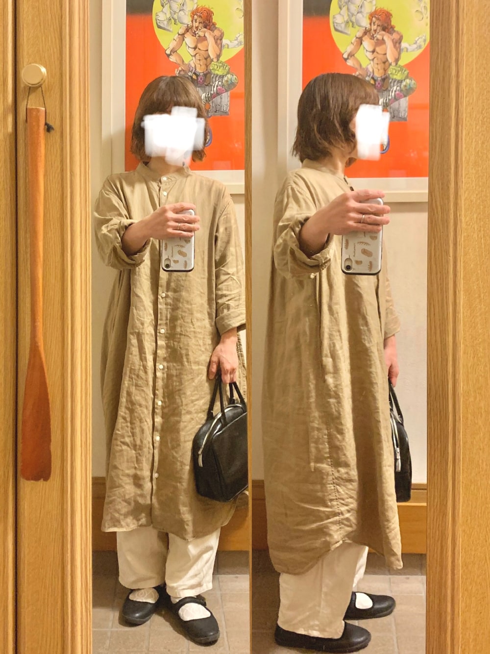 「昨日のコーデ、昨日の服、リネンワンピース、シャツワンピ、シンプルコーデ」｜「無印良品のアイテム（シャツワンピース、ブラウン系）」を使った、まっきさん（レディース・149cm）の秋コーディネートの1枚目の写真