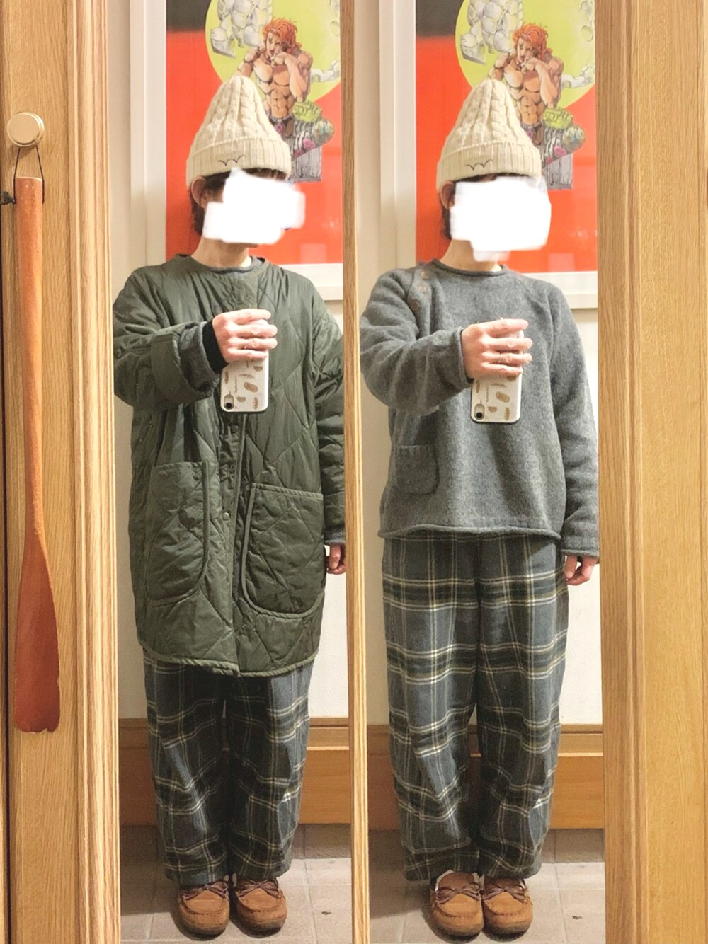 「昨日のコーデ、昨日の服、ニット帽、ニット、チェックパンツ、モカシン」｜「Samansa Mos2のアイテム（モッズコート、グリーン系）」を使った、まっきさん（レディース・150cm）の冬コーディネートの1枚目の写真