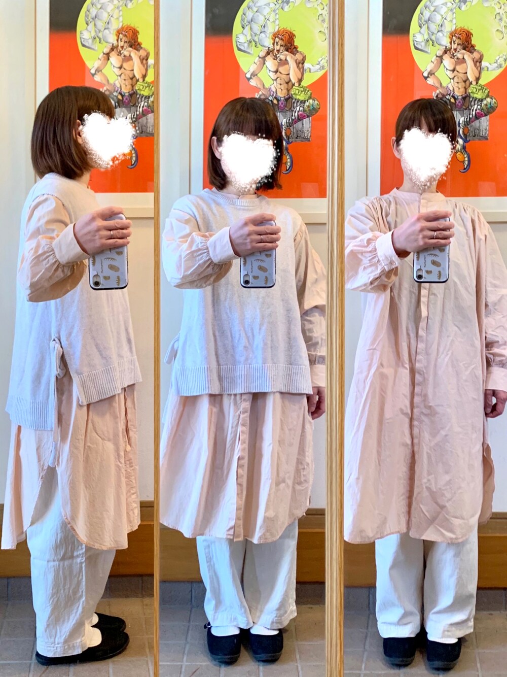 ホワイト系のベスト、ピンク系のシャツワンピース、ホワイト系のパンツを着用したレディースの春コーディネートの1枚目の写真