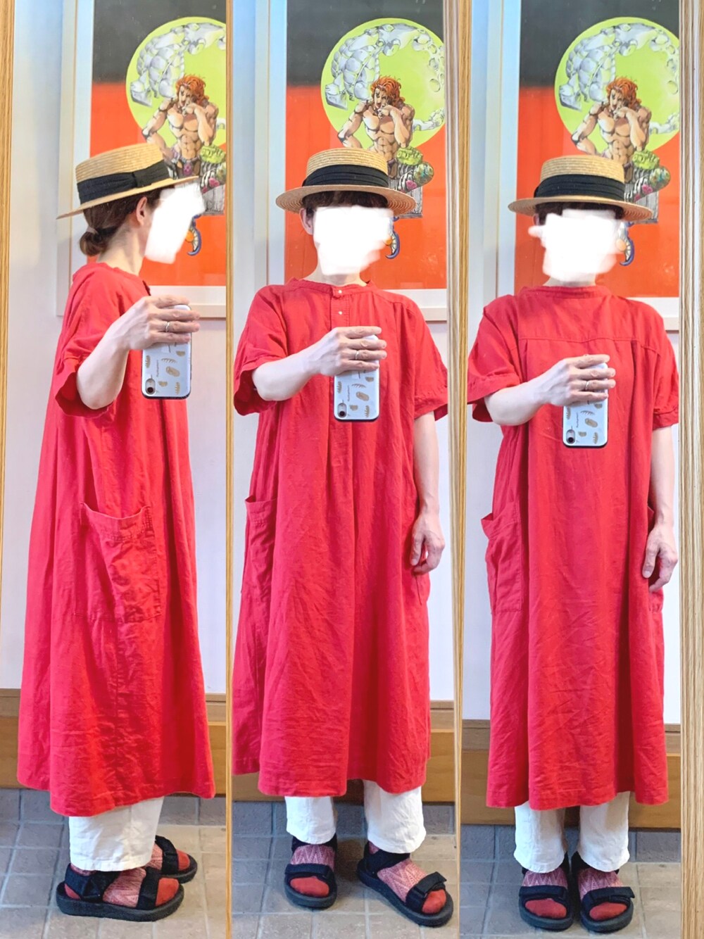 「今日のコーデ、今日の服、麦わら帽子、古着、スポサン、赤」｜「14+の麦ブレードカンカン帽（ハット、ブラック系）」を使った、まっきさん（レディース・149cm）の夏コーディネートの1枚目の写真