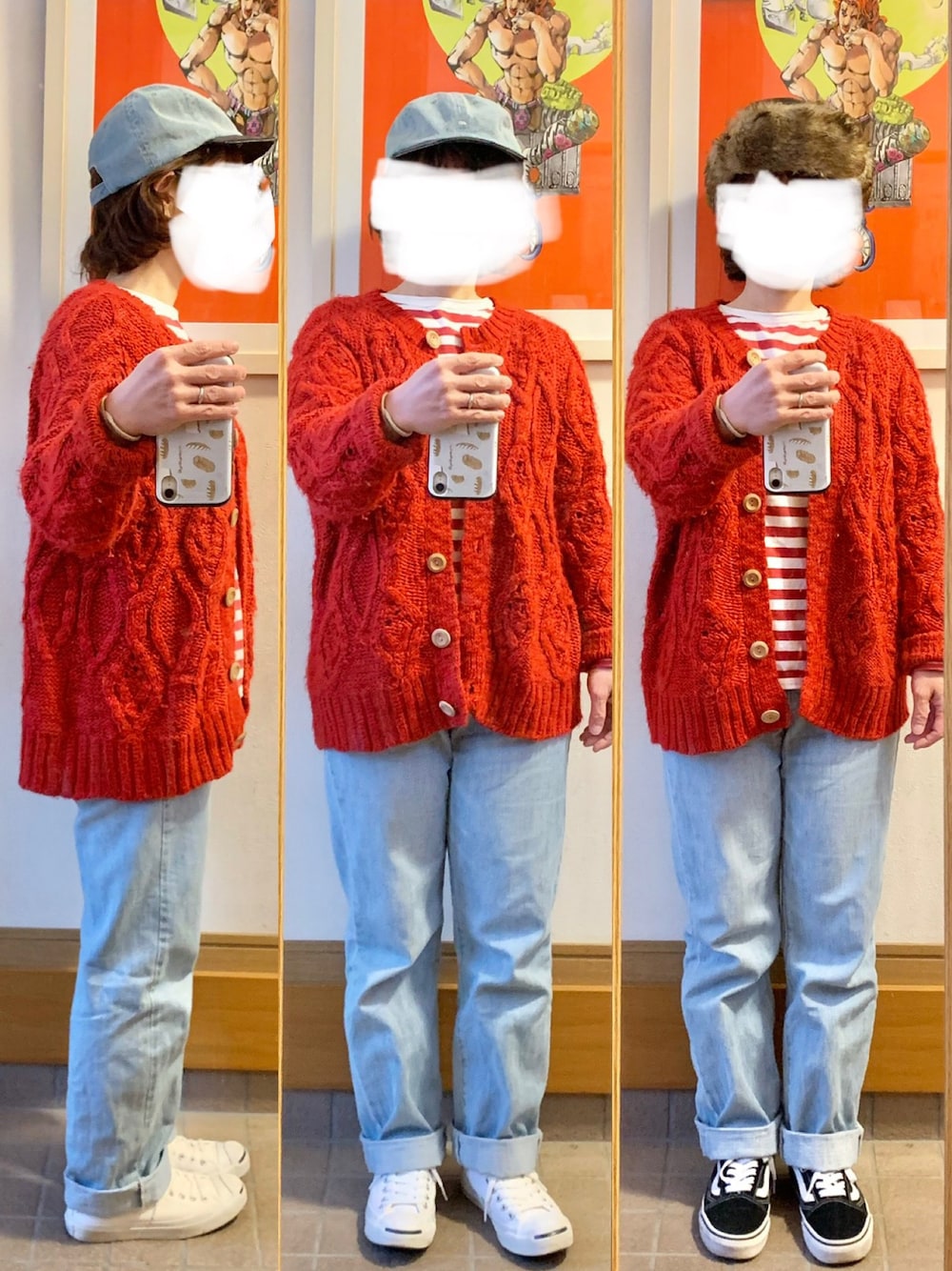 「今日のコーデ、今日の服、赤、ボーダー、薄色デニム、ジャックパーセル」｜「sm2rhythmの柄編みクルーネックカーディガン（カーディガン/ボレロ、レッド系）」を使った、まっきさん（レディース・149cm）の秋コーディネートの1枚目の写真