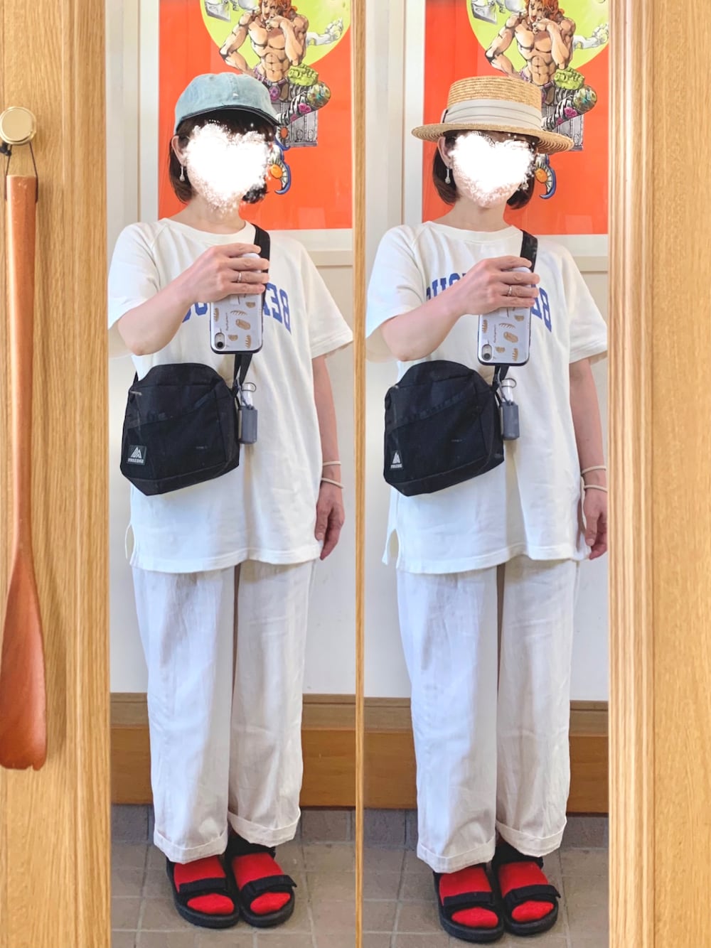 「今日のコーデ、今日の服、シンプルコーデ、スポサン、キャップ、麦わら帽子、古着」｜「14+の麦ブレードカンカン帽（ハット、ホワイト系）」を使った、まっきさん（レディース・149cm）の夏コーディネートの1枚目の写真