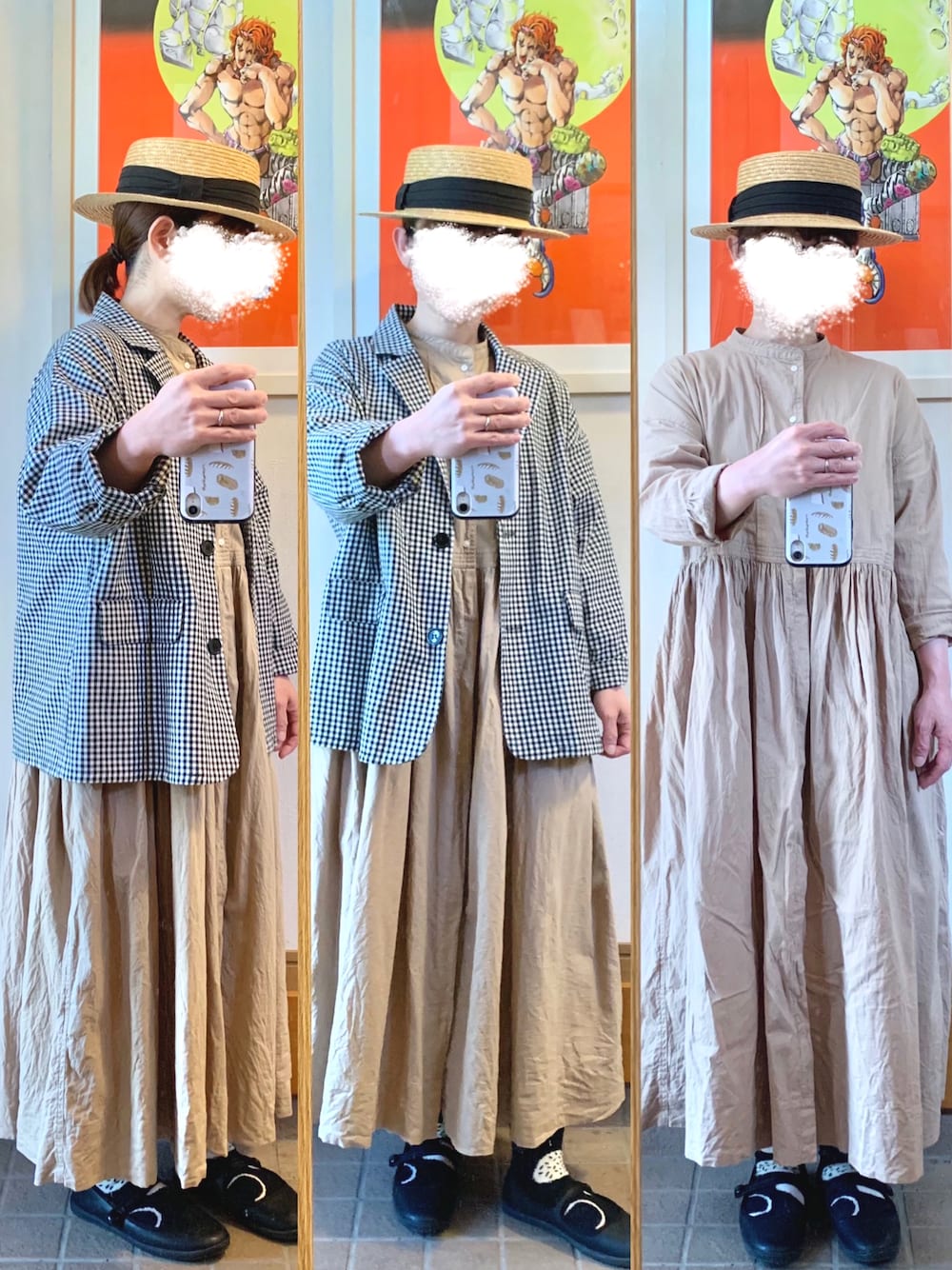 「今日のコーデ、今日の服、麦わら帽子、ギンガムチェック、ワンピース、フレンチブル靴下、シャンブル、プチプラ」｜「14+の麦ブレードカンカン帽（ハット、ブラック系）」を使った、まっきさん（レディース・149cm）の春コーディネートの1枚目の写真
