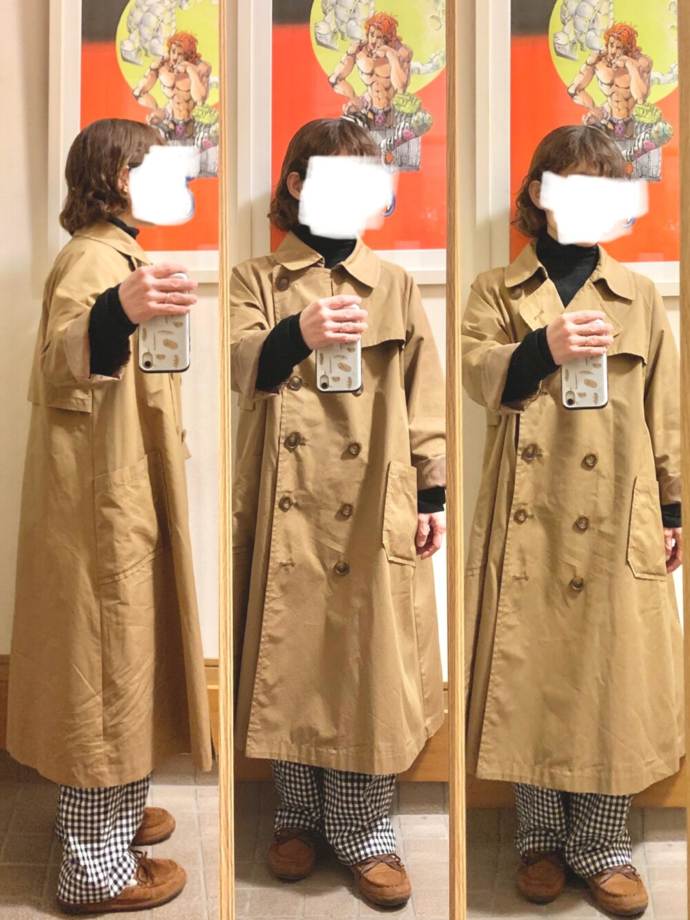 「昨日のコーデ、昨日の服、タートルネック、ユニクロ感謝祭、古着、トレンチコート、ギンガムチェック、モカシン」｜「しまむらのアイテム（ローファー、ブラウン系）」を使った、まっきさん（レディース・149cm）の秋コーディネートの1枚目の写真