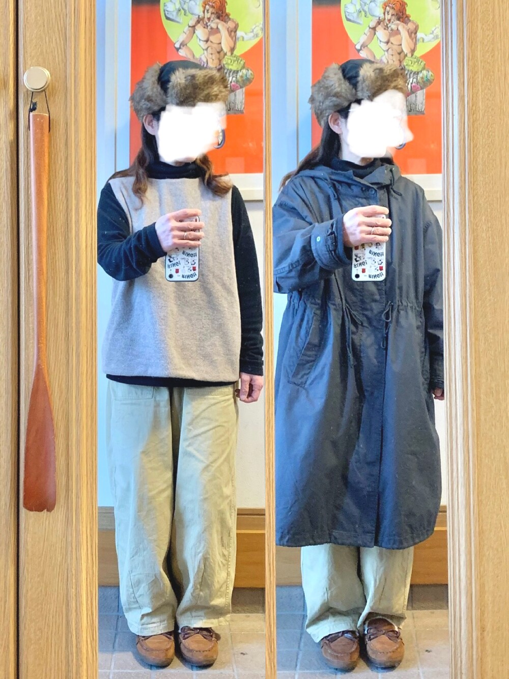 「昨日のコーデ、昨日の服、ベスト、ヒートテックフリースタートルネックＴシャツ、古着、モカシン」｜「作家メイドのアイテム（ベスト、ベージュ系）」を使った、まっきさん（レディース・150cm）の冬コーディネートの1枚目の写真
