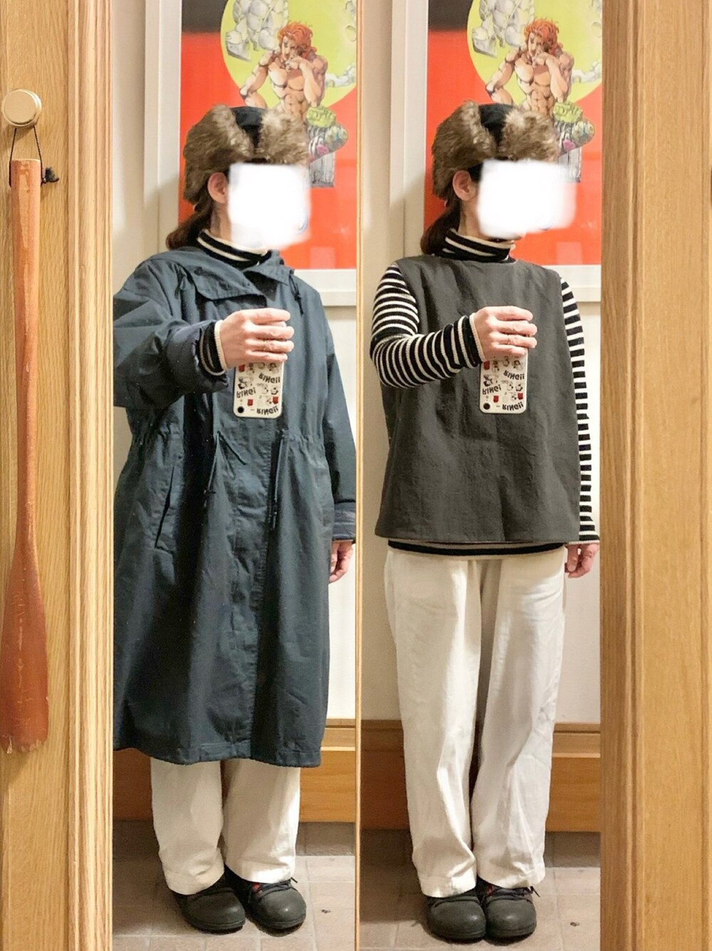 「昨日のコーデ、昨日の服、フライトキャップ、ベスト、タートルネック、ボーダー、モンタナ」｜「作家メイドのアイテム（ベスト、ベージュ系）」を使った、まっきさん（レディース・150cm）の冬コーディネートの1枚目の写真