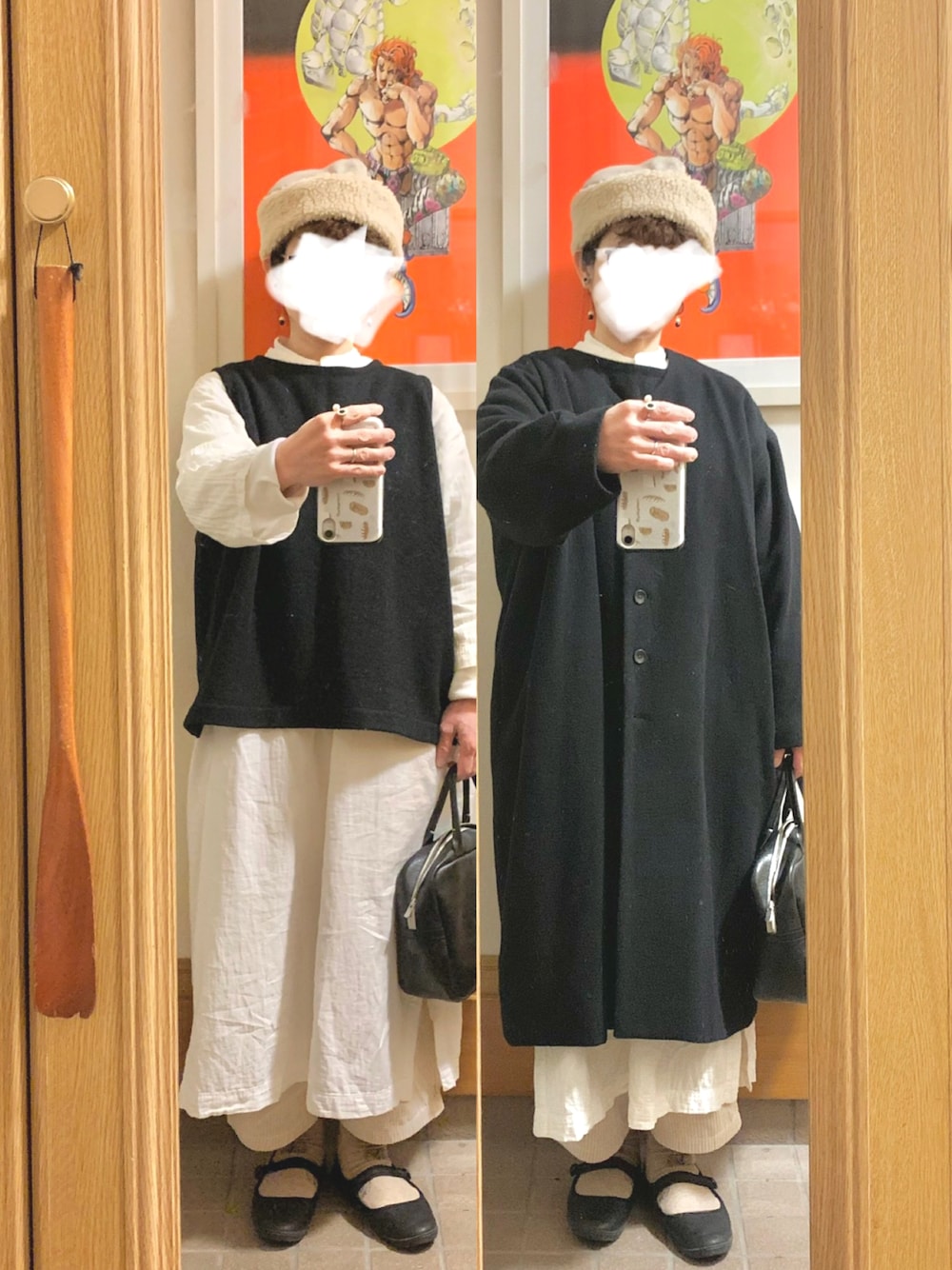 「昨日のコーデ、昨日の服、モノトーンコーデ」｜「マルシェ購入品のアイテム（ベスト、ブラック系）」を使った、まっきさん（レディース・149cm）の冬コーディネートの1枚目の写真