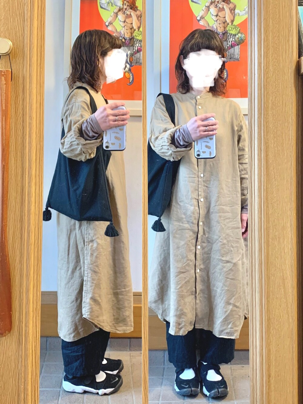 「今日のコーデ、今日の服、リネン、シンプルコーデ、エアリフト、古着、作家メイド」｜「無印良品のアイテム（シャツワンピース、ブラウン系）」を使った、まっきさん（レディース・149cm）の春コーディネートの1枚目の写真