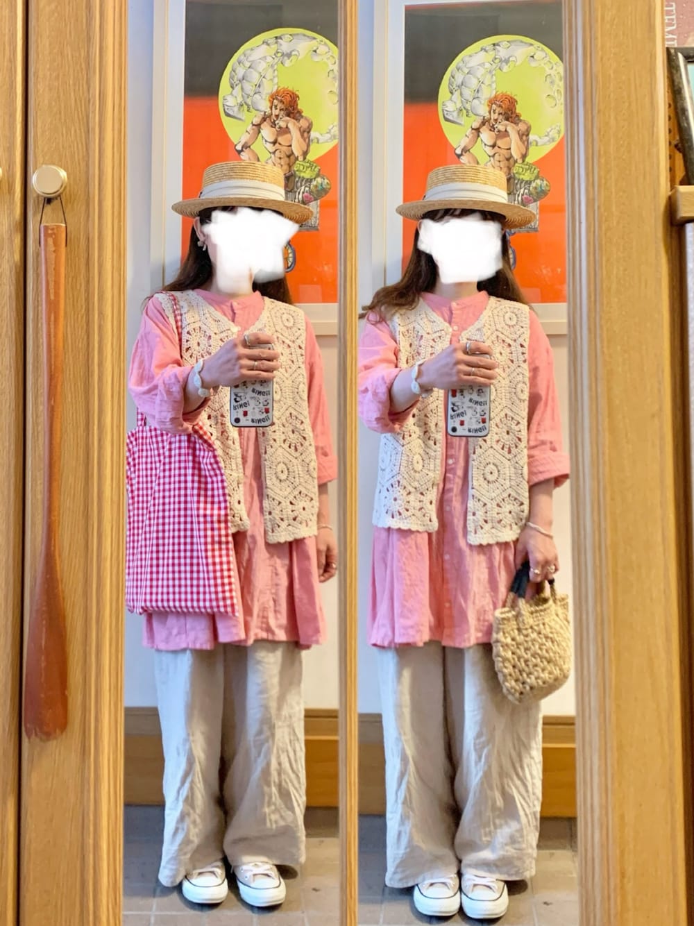 「昨日のコーデ、昨日の服、麦わら帽子始めました、麦わら帽子、古着」｜「作家メイドのアイテム（かごバッグ、ベージュ系）」を使った、まっきさん（レディース・150cm）の春コーディネートの1枚目の写真