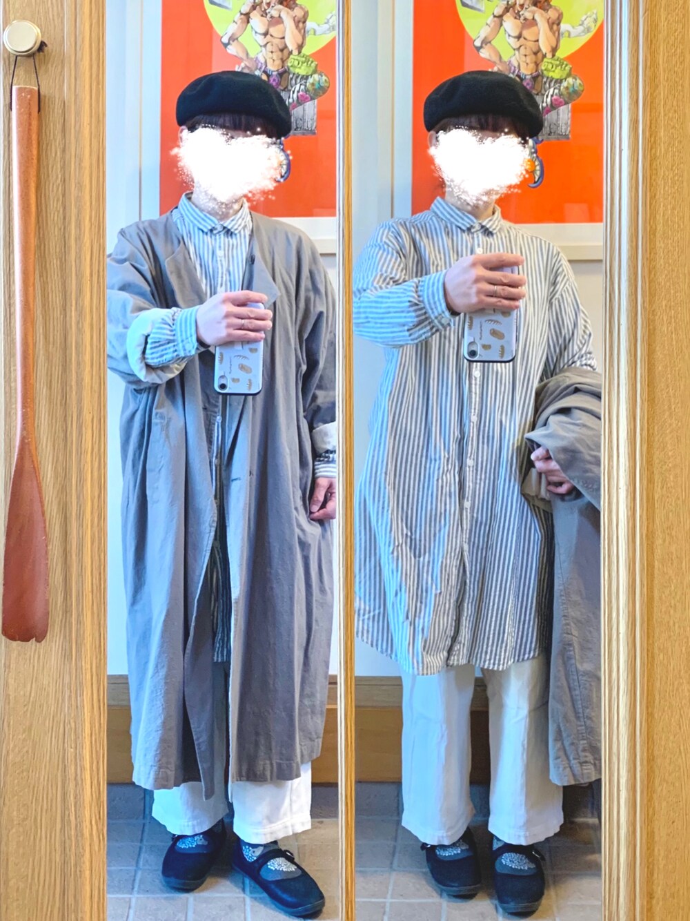 「今日のコーデ、今日の服、古着、ベレー帽、グレー、モノトーンコーデ」｜「niko and...のアイテム（ハンチング/ベレー帽、ブラック系）」を使った、まっきさん（レディース・149cm）の秋コーディネートの1枚目の写真